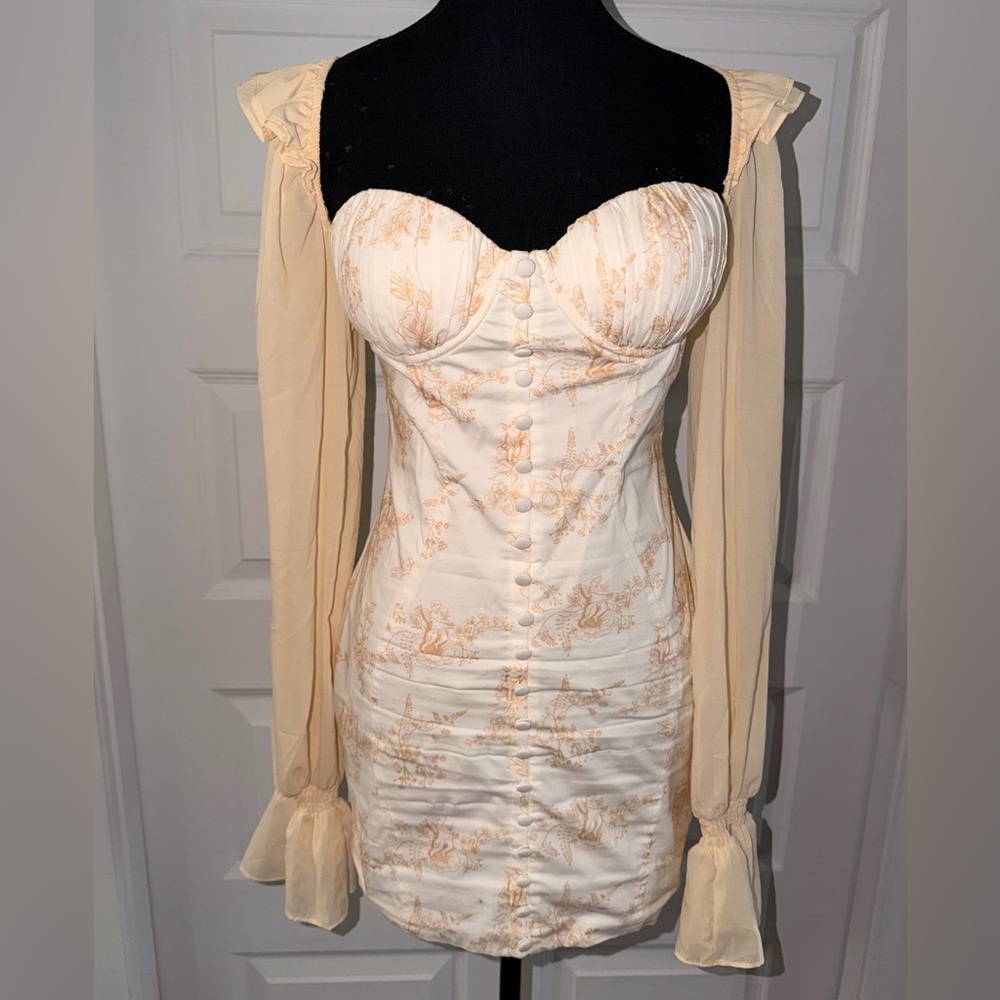 Cream Floral Corset Mini Dress with Sheer Sleeves 🤍